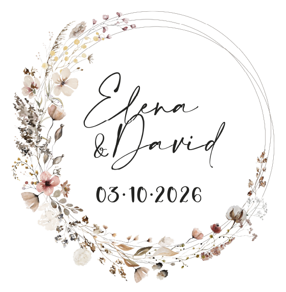 Sello floral con los nombres Elena y David y la fecha 03-10-2026